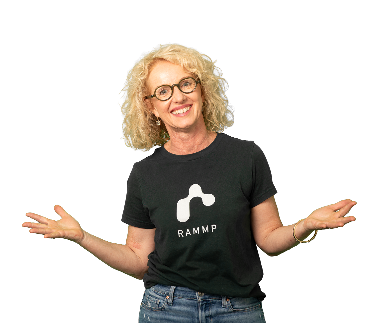 Dr Anna Harrison in a RAMMP t-shirt, arms open, on a transparent background