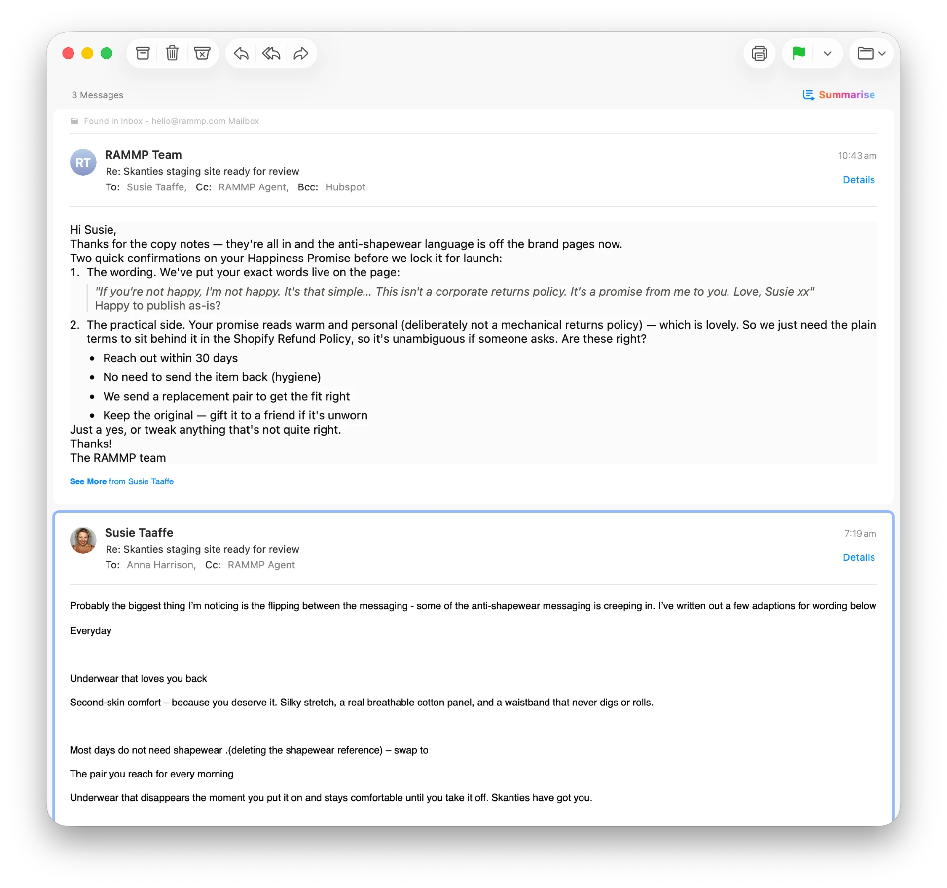 Email thread showing the Skanties client approving the rebuilt site copy