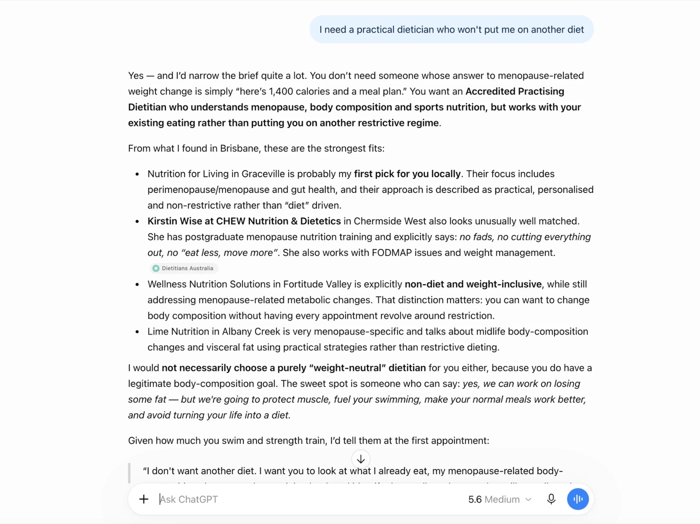 ChatGPT answer to 'I need a practical dietician who won't put me on another diet', listing four Brisbane dietitians including Wellness Nutrition Solutions in Fortitude Valley, described as non-diet and weight-inclusive.